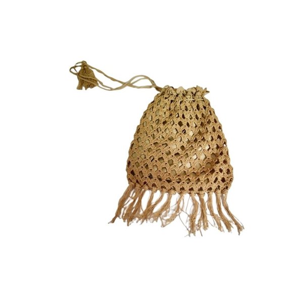 Vintage Women's Boho Crochet Drawstring Handbag Satin Lining Long Strap Fringe - Picture 3 of 8